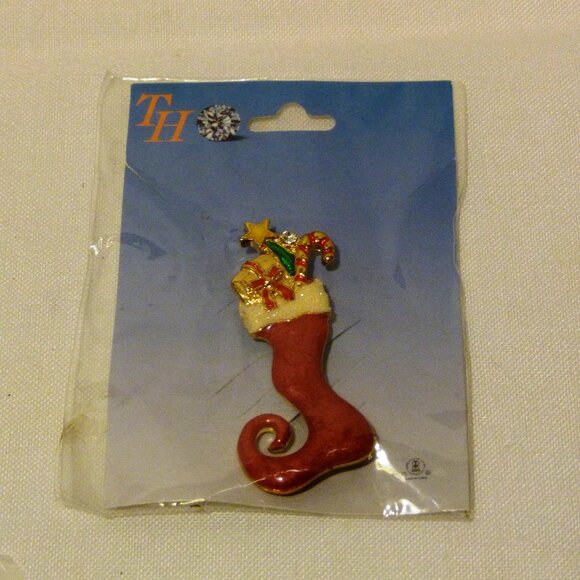 Festive Red Stocking Enamel Candy Cane Holiday Brooch - Picture 5 of 7